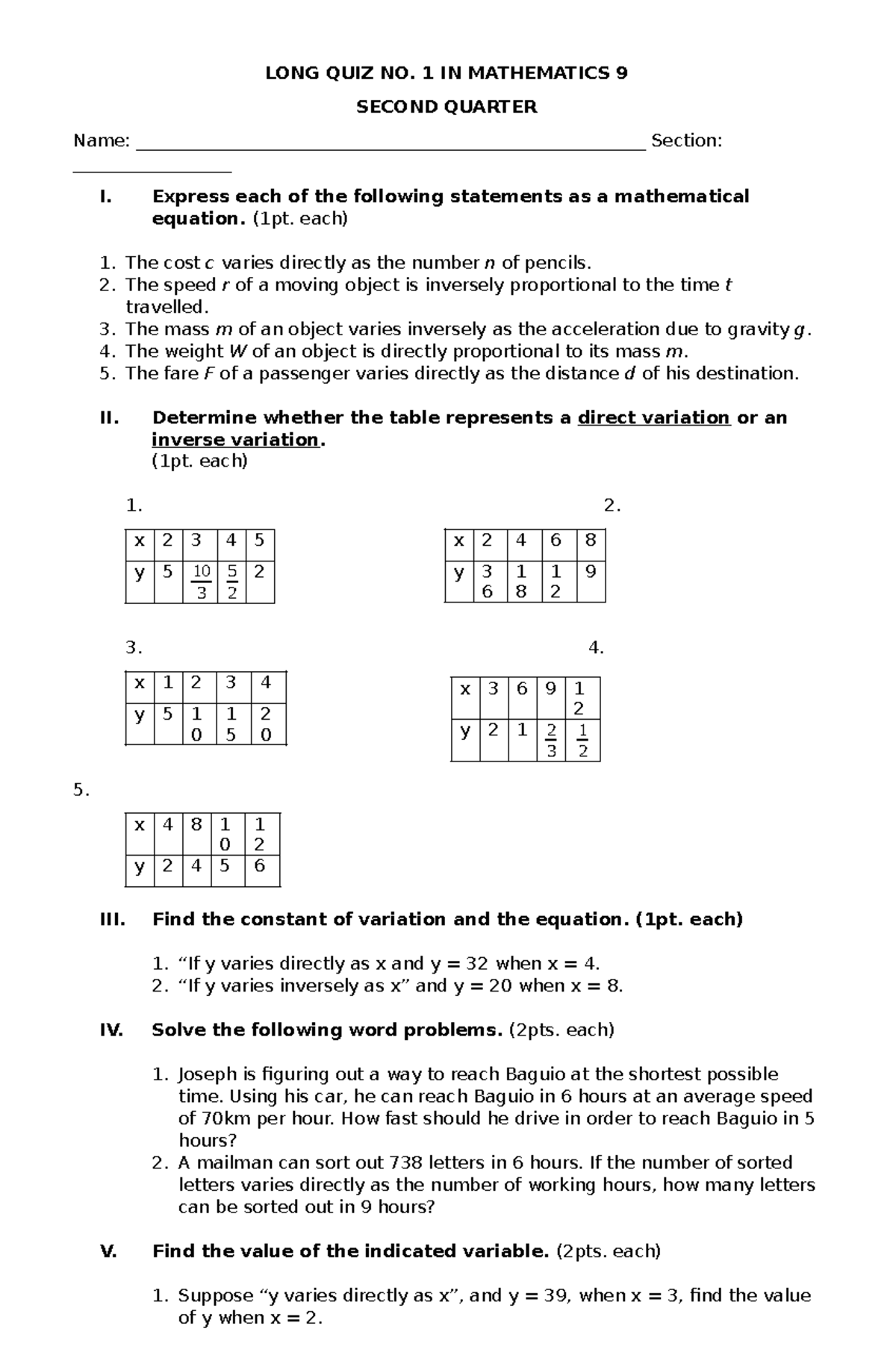 LONG QUIZ NO. 1 Long Quiz LONG QUIZ NO. 1 IN MATHEMATICS 9 SECOND