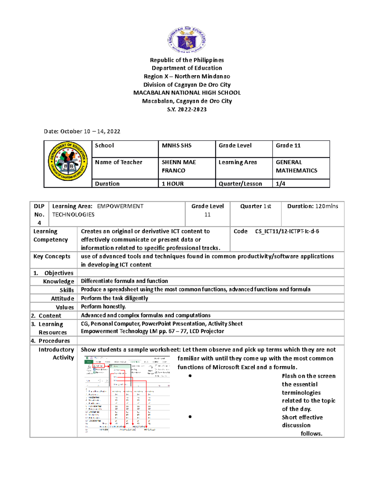 Excel dll - Detailed Lesson Plan - Republic of the Philippines ...