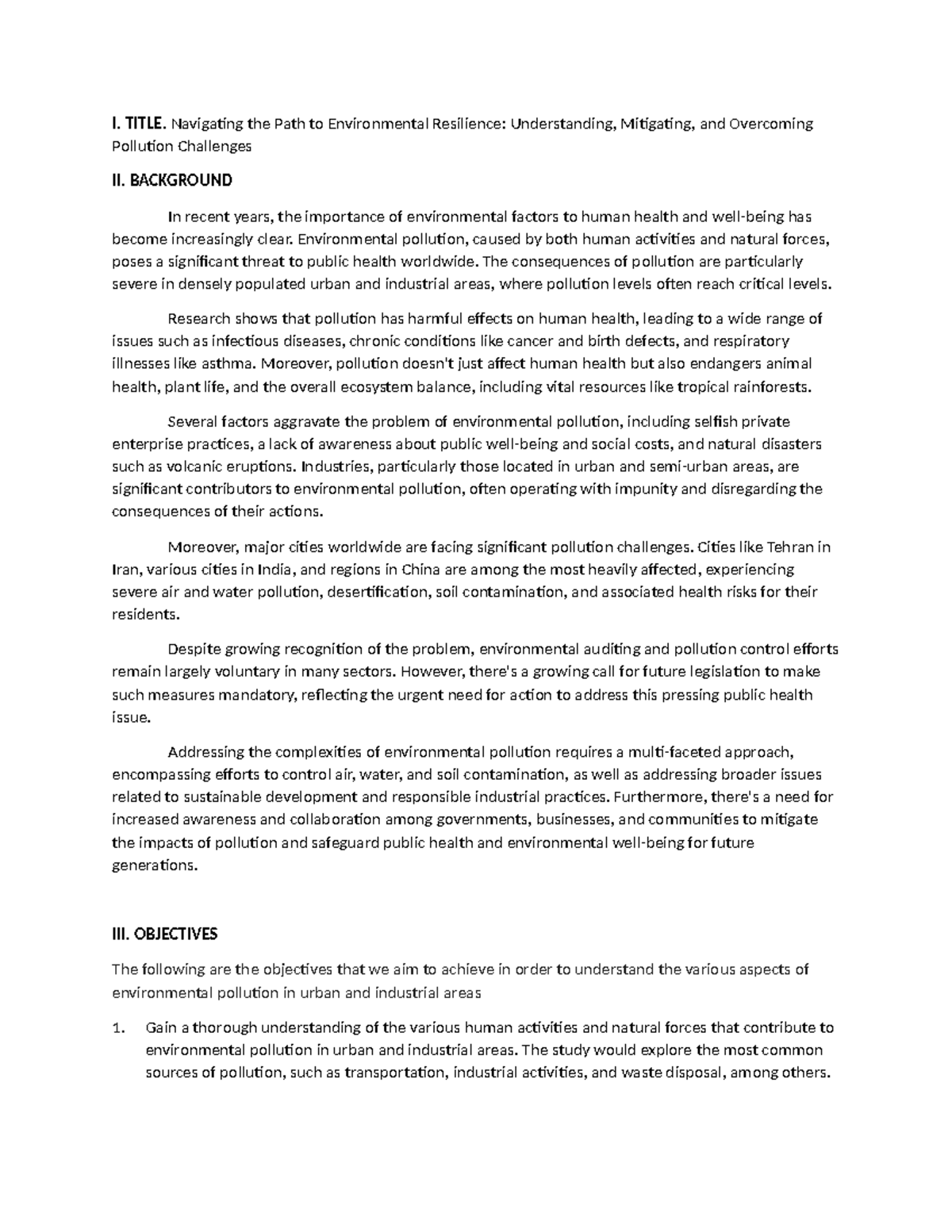 CASE Study - I. TITLE. Navigating the Path to Environmental Resilience ...