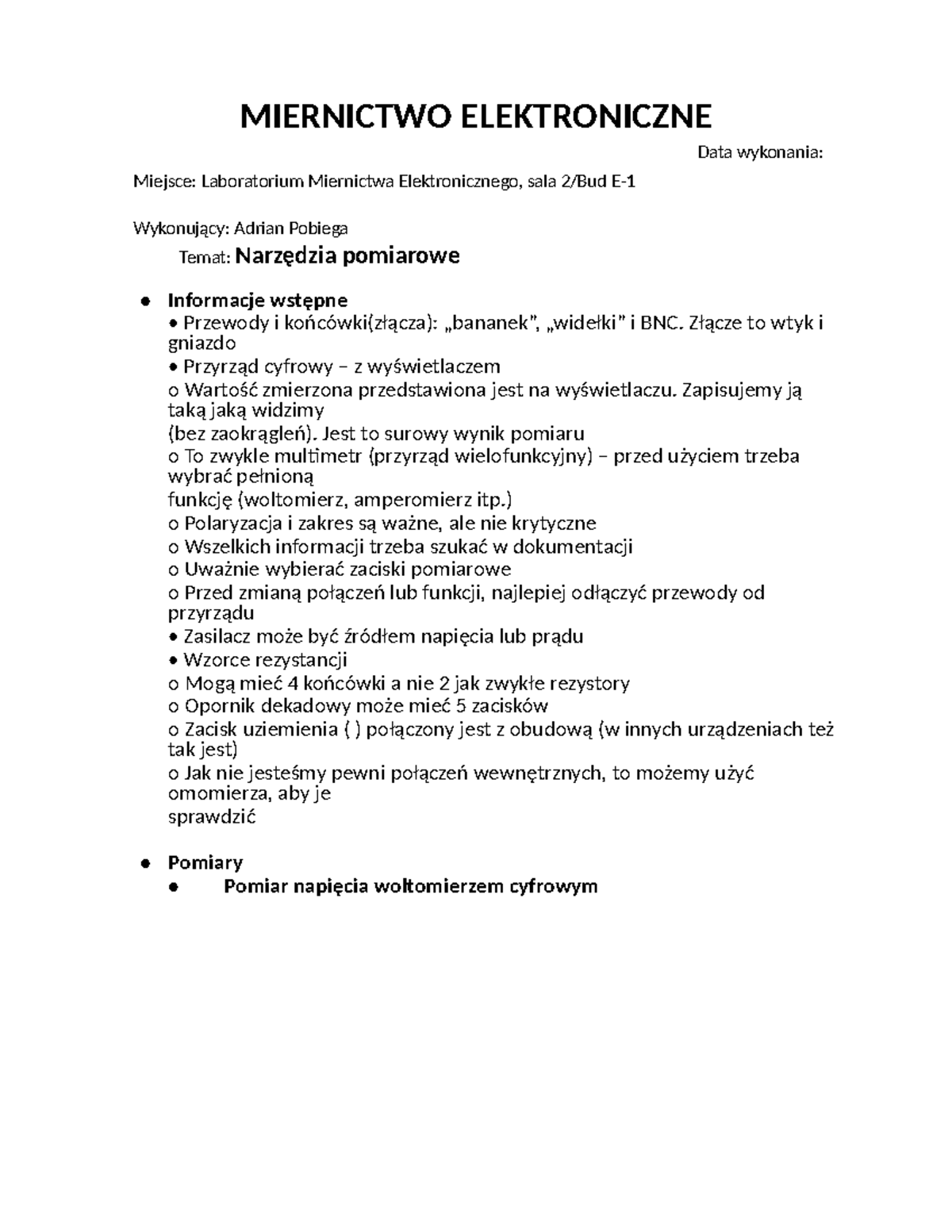 Protokół Miernictwo Elektroniczne - MIERNICTWO ELEKTRONICZNE Data
