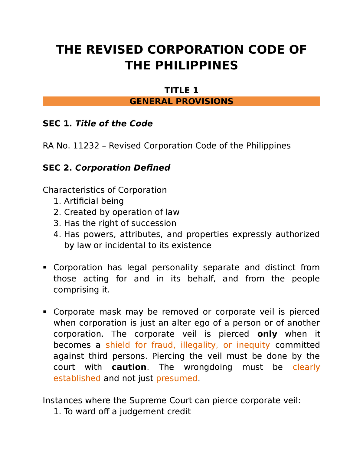 The Revised Corporation Code Of The Philippines Outline - THE REVISED ...