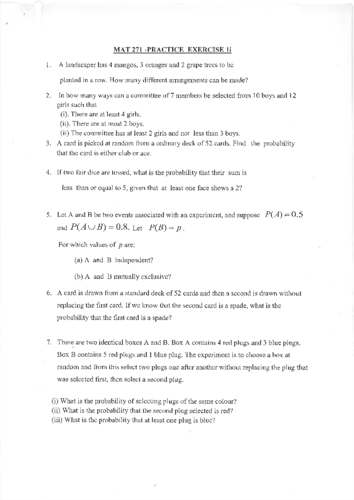 MAT271 Exercise 1i Solutions - MAT 271 EXERCISE li 1. A landscaper has ...