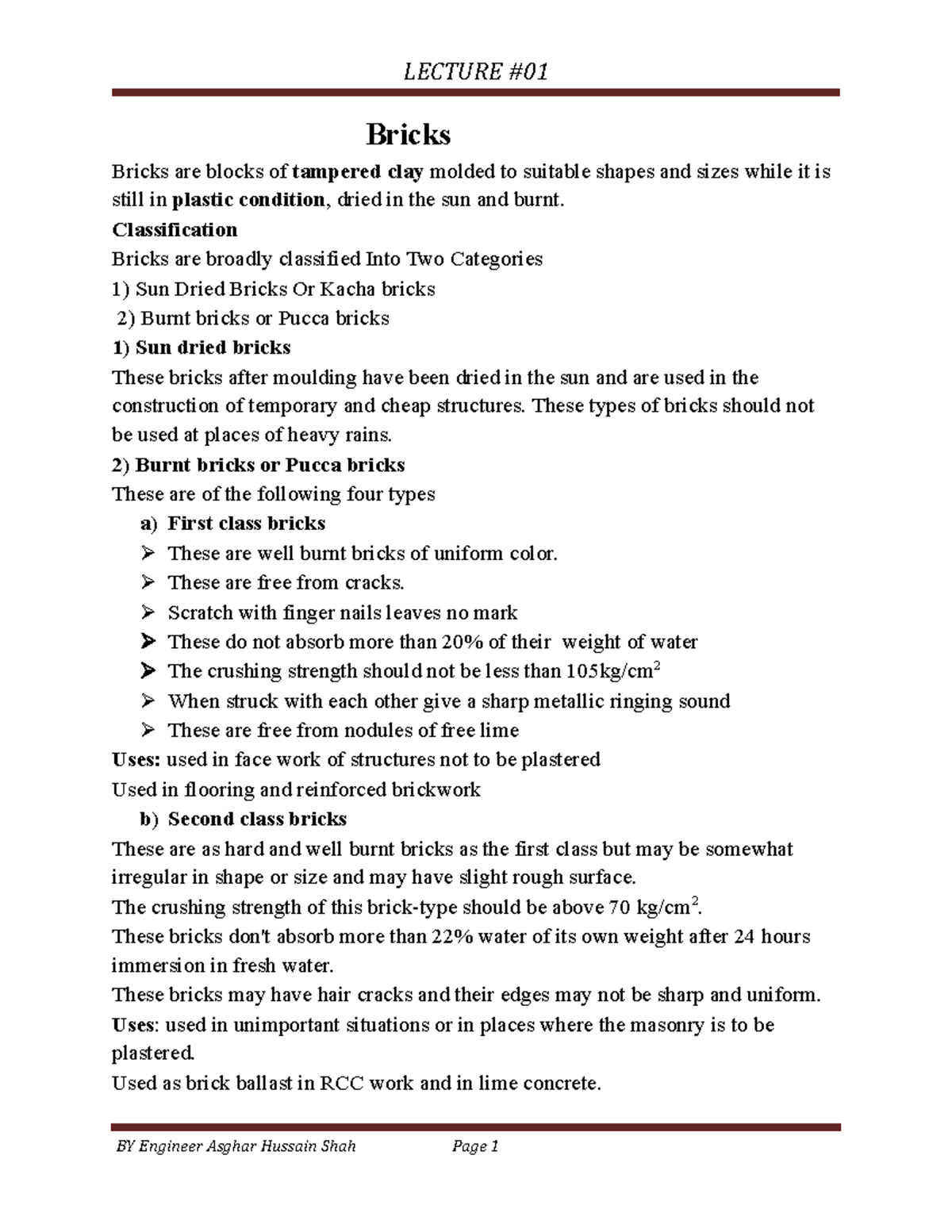 Lec 1 bricks - BUILDING CONSTRUCTION MATERIALS - Bricks Bricks are ...