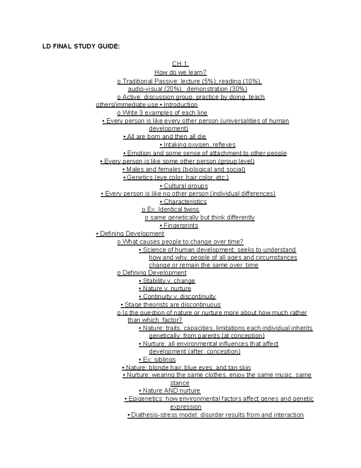 Life Span Development Final Study Guide - LD FINAL STUDY GUIDE: CH 1 ...