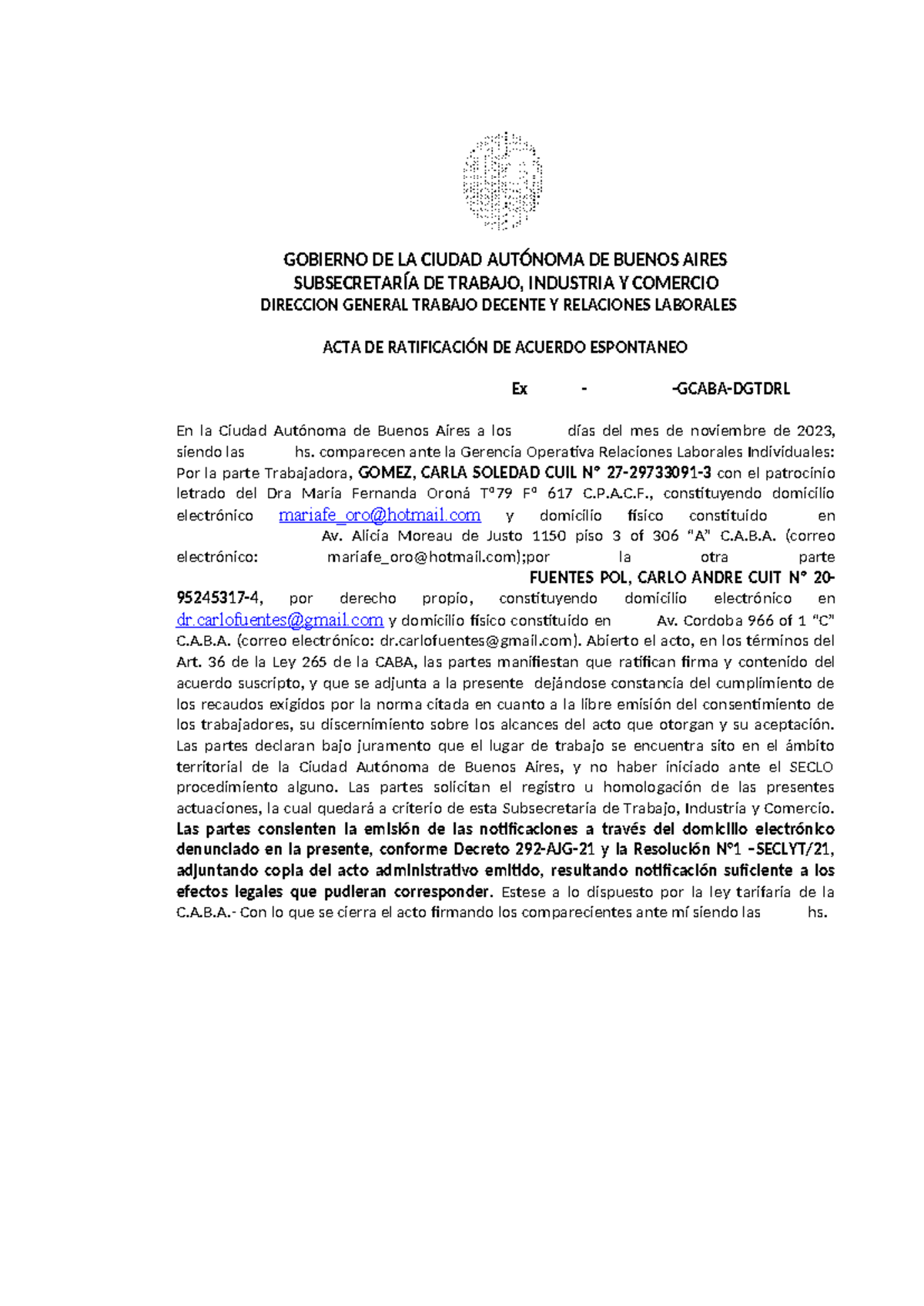 Acta subse laboral - modelo acta acuerdo Caba Ministerio. No SECLO ...