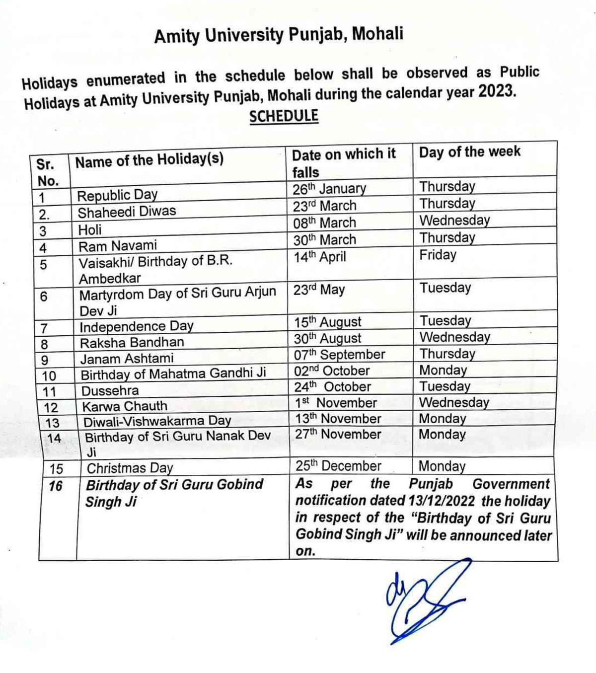 Notice Files be5a AU Punjab Holidays List 2023 B.tech Studocu