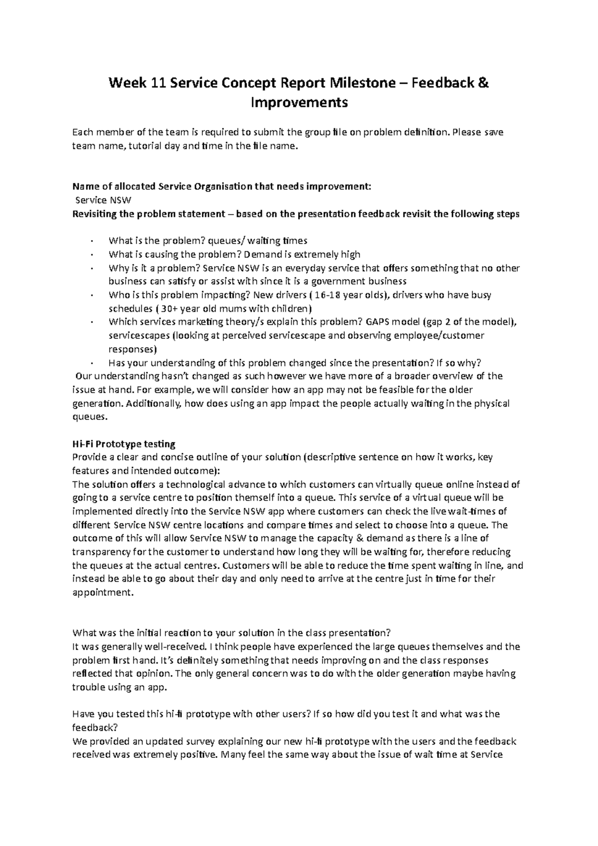 Week 11 Milestone - Week 11 Service Concept Report Milestone – Feedback ...