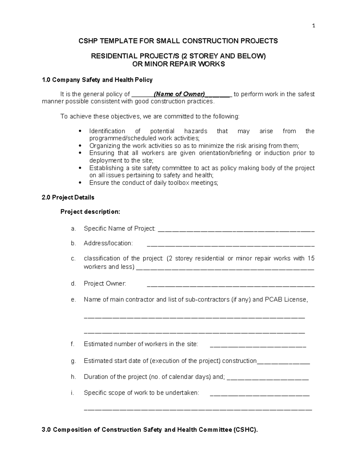 Simplified CHSP Template for residential projects - CSHP TEMPLATE FOR ...