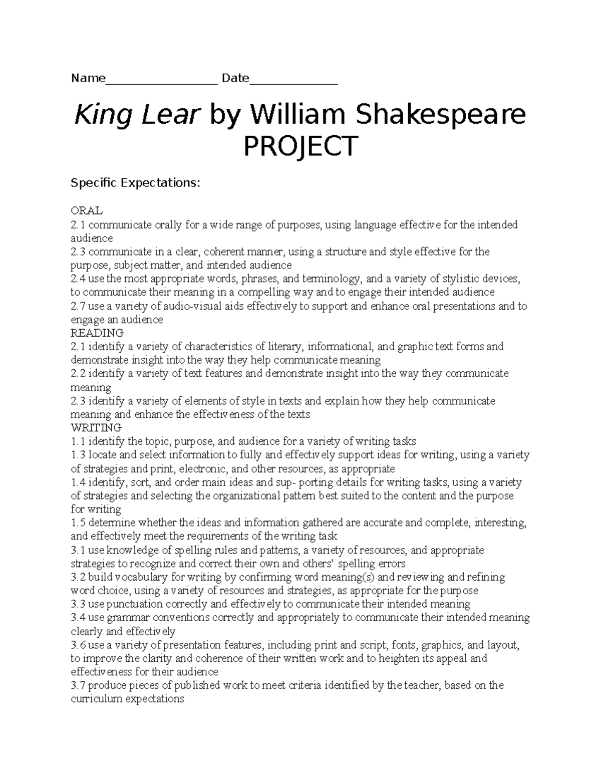 King Lear Project Final - Name___________________ Date ...