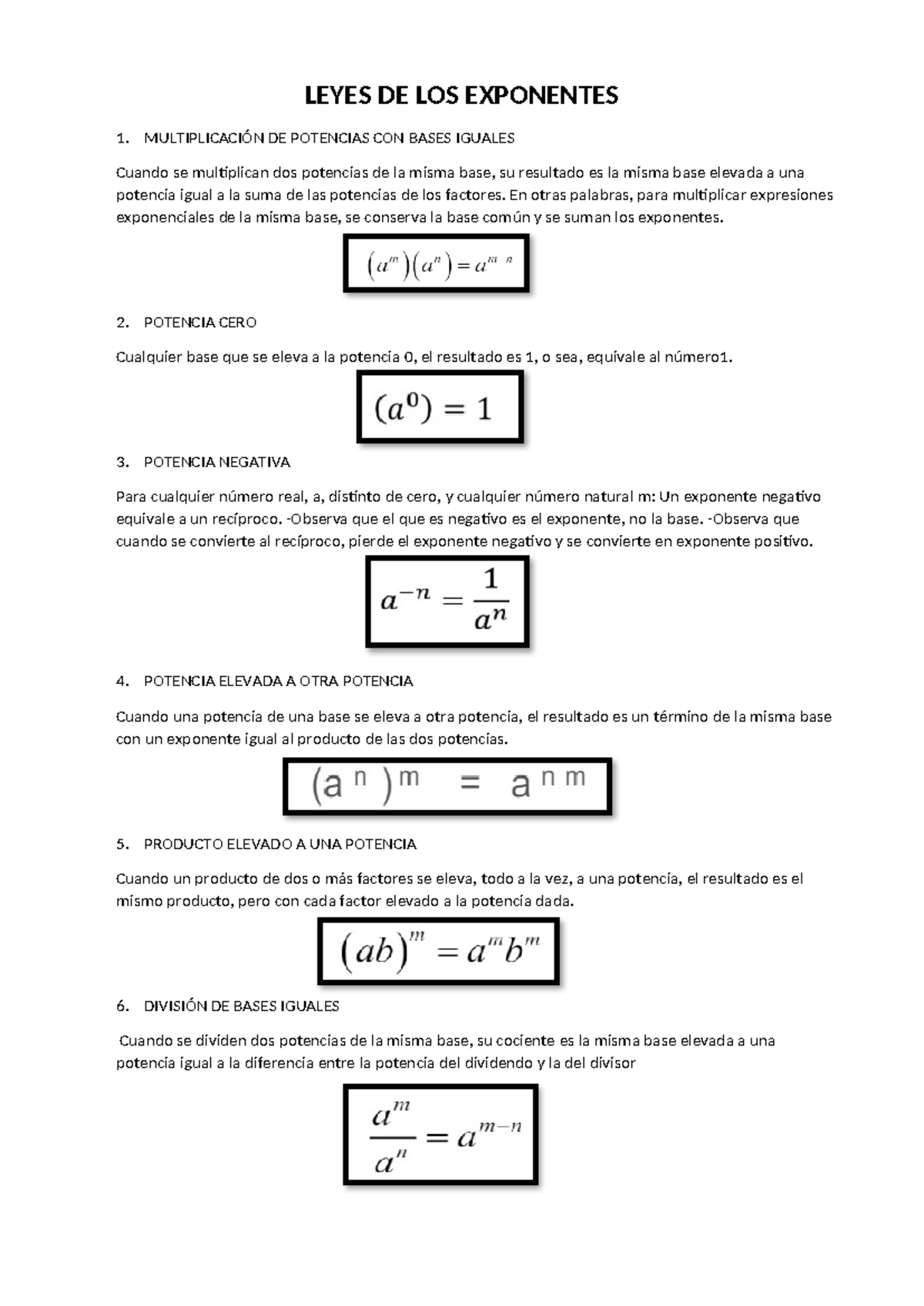 Leyes DE LOS Exponentes - LEYES DE LOS EXPONENTES 1. MULTIPLICACIÓN DE ...