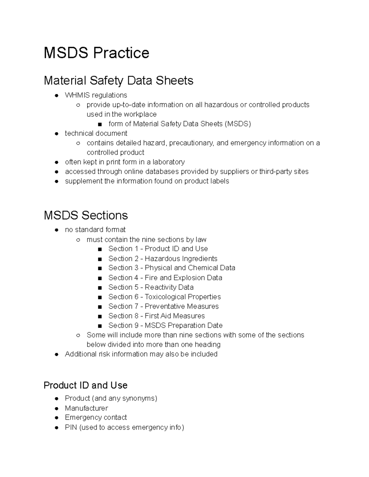 Lab Regulations Pt. 2.2 MSDS Practice Material Safety Data Sheets