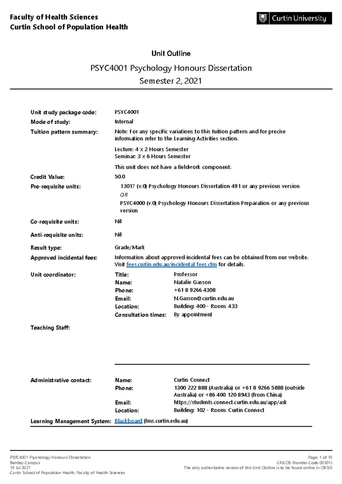 PSYC4001 Psychology Honours Dissertation Semester 2 2021 Bentley Campus ...