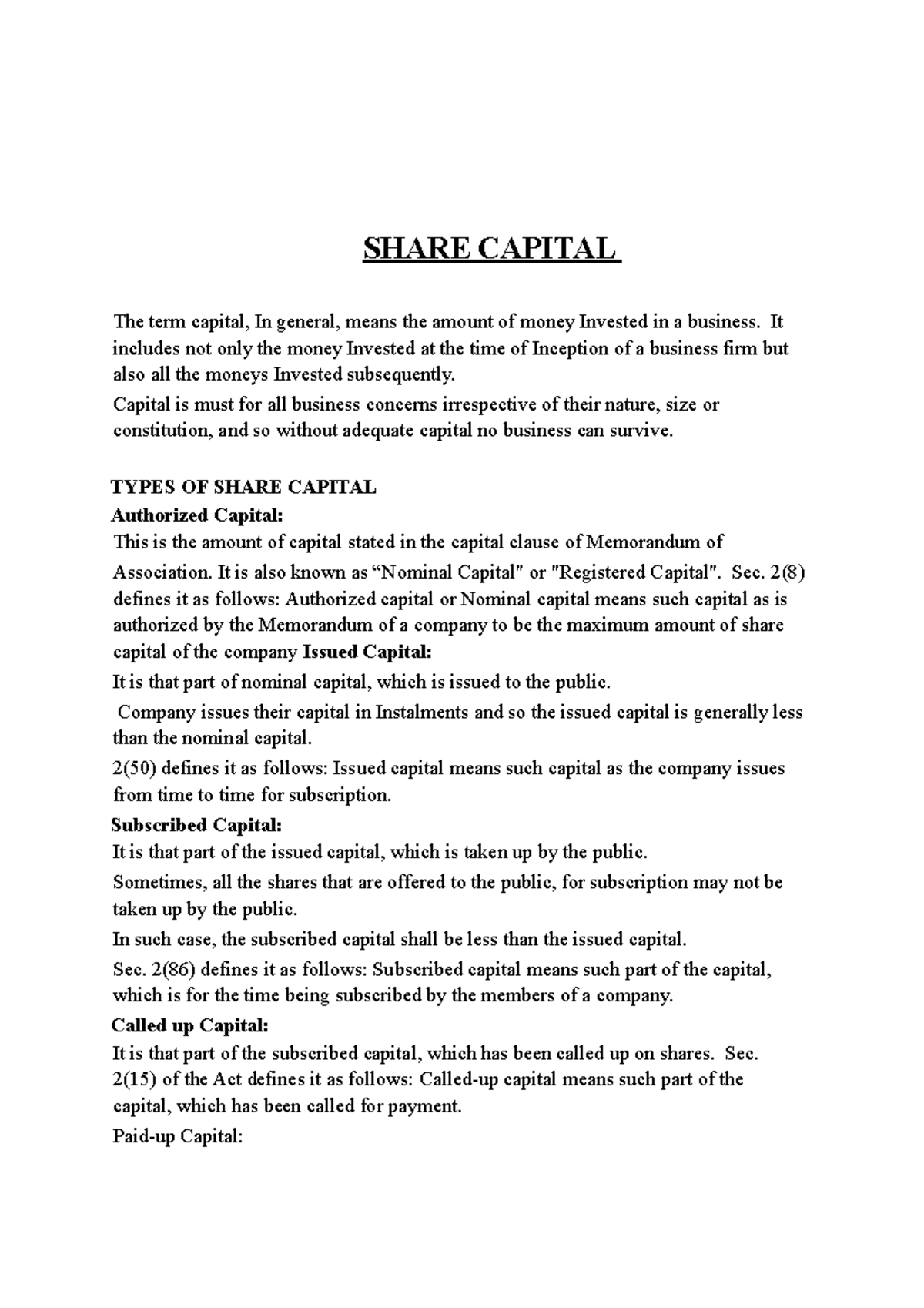 Share Capital - Its a lecture note - SHARE CAPITAL The term capital, In ...