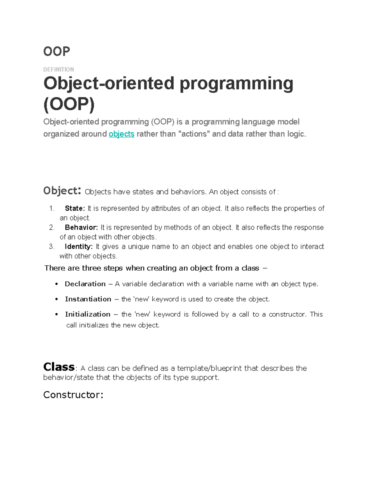 Oop Notes Short Question - Oop Definition Object-oriented Programming 