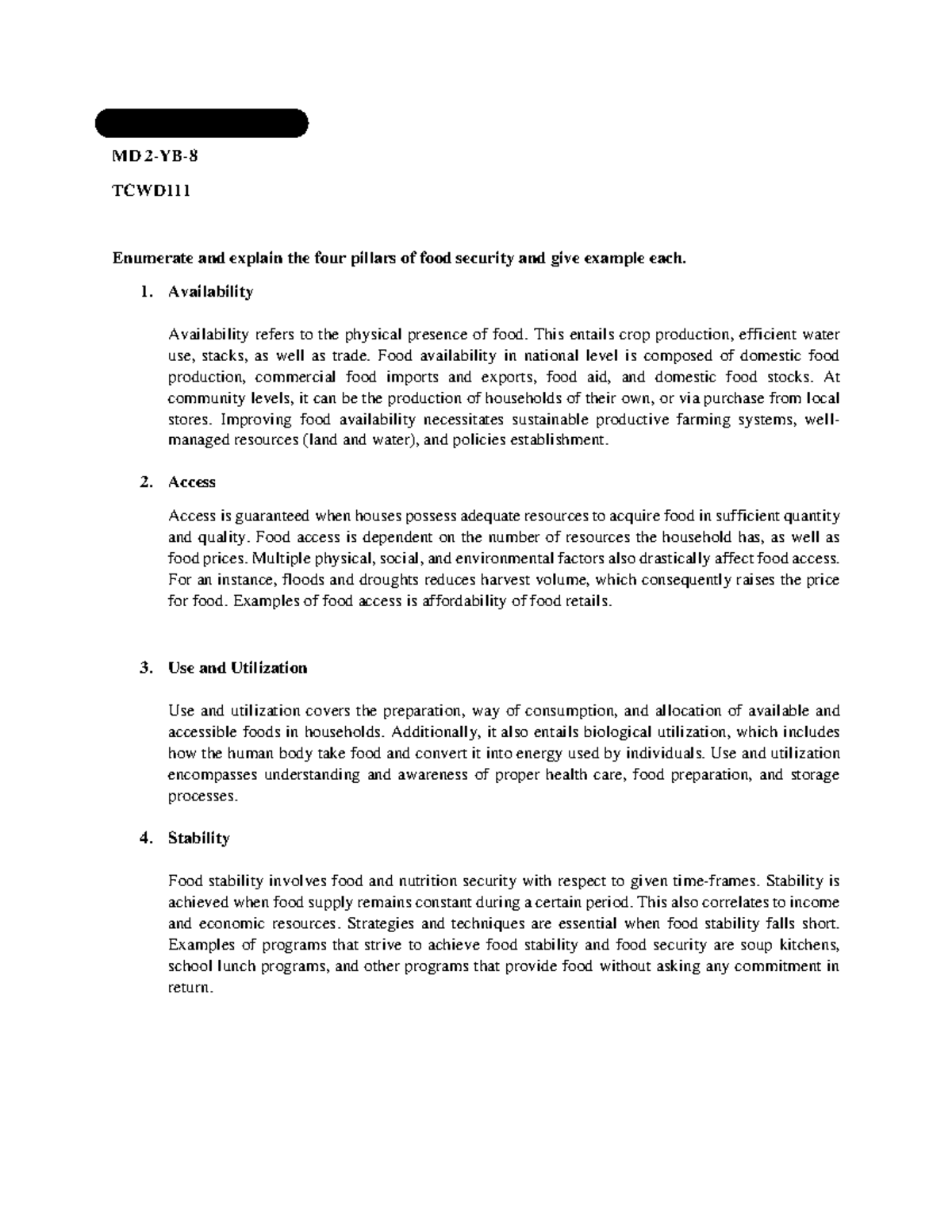 TCWD, Four Pillars of Food Security MAGLINES, BRIX M. MD 2YB TCWD