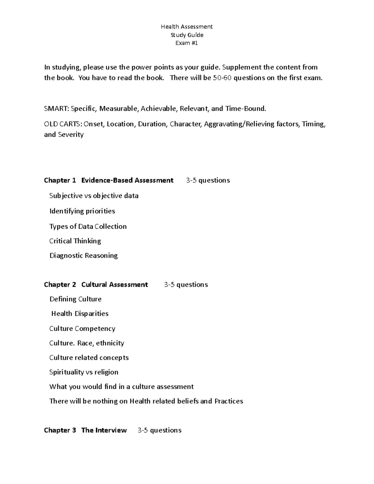 Study Guide Health Assessment Exam 1 (F) Study Guide Exam In