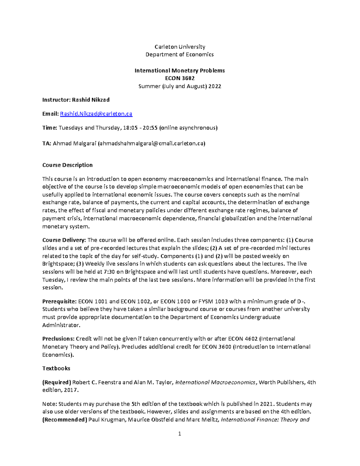 ECON 3602 - Course Outline - Summer 2022 - Carleton University ...