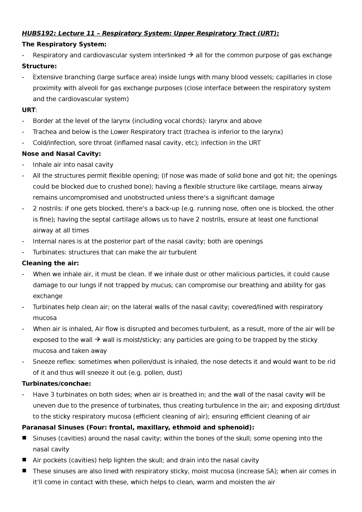 Hubs192 Lecture 11 Respiratory System Upper Respiratory Tract Urt