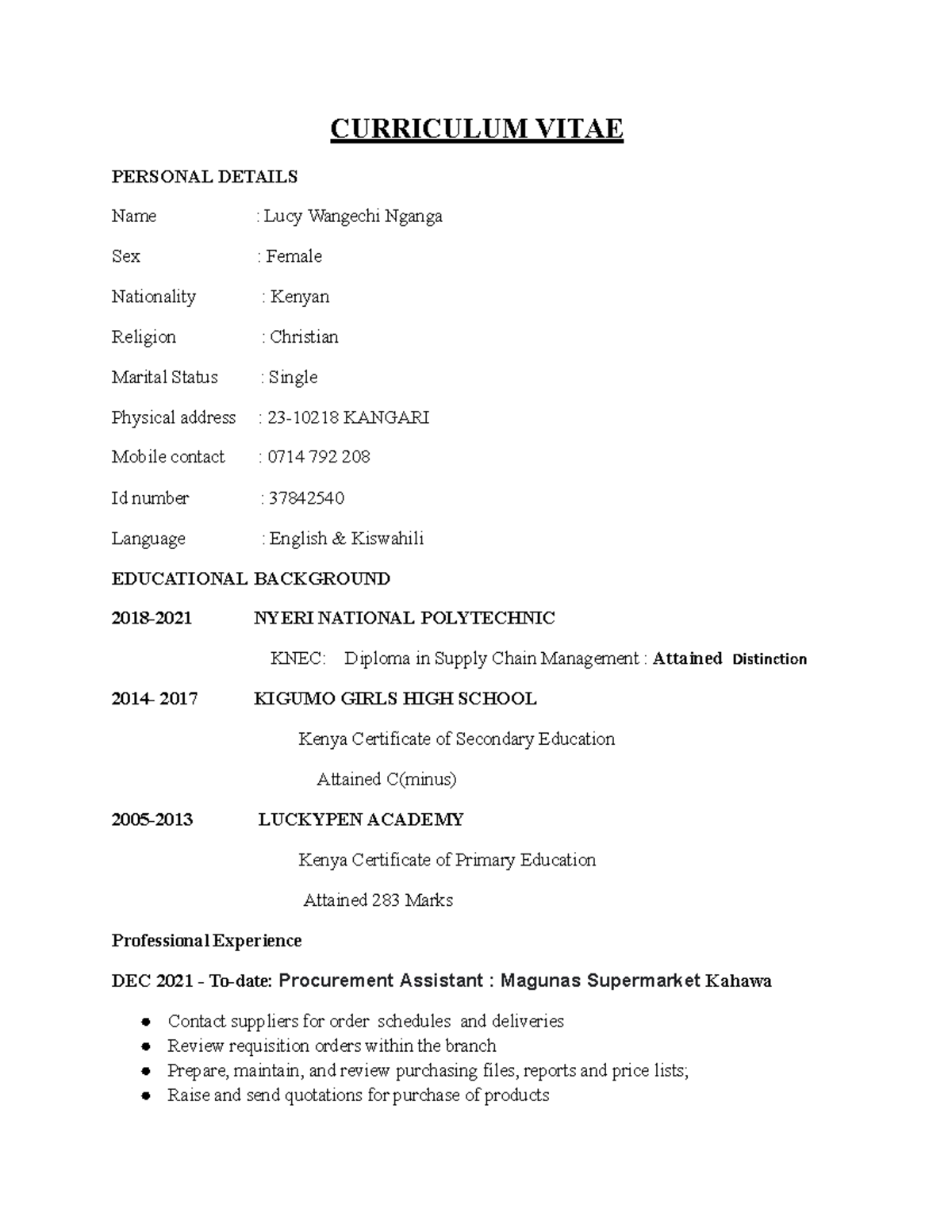 LUCY Wangechi (CV) - lecture notes - CURRICULUM VITAE PERSONAL DETAILS ...