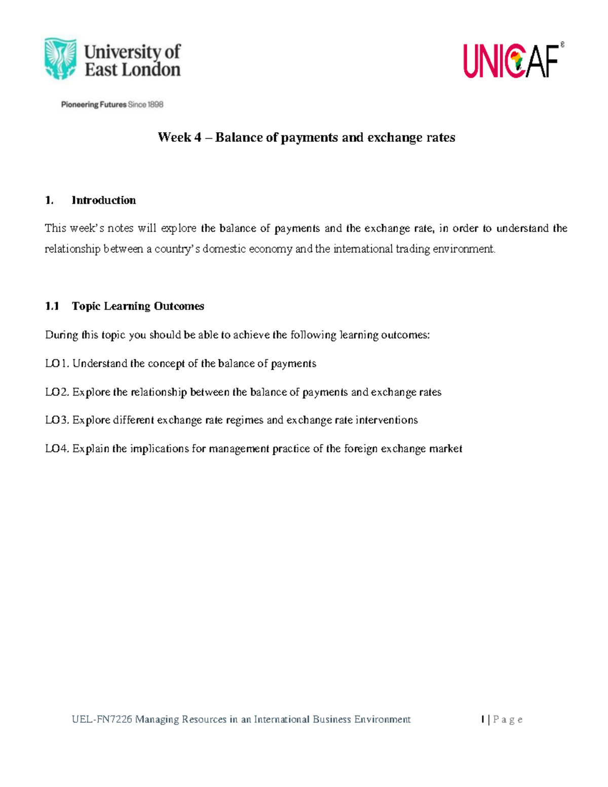 Week 4 - Topic Overview - Week 4 – Balance of payments and exchange ...