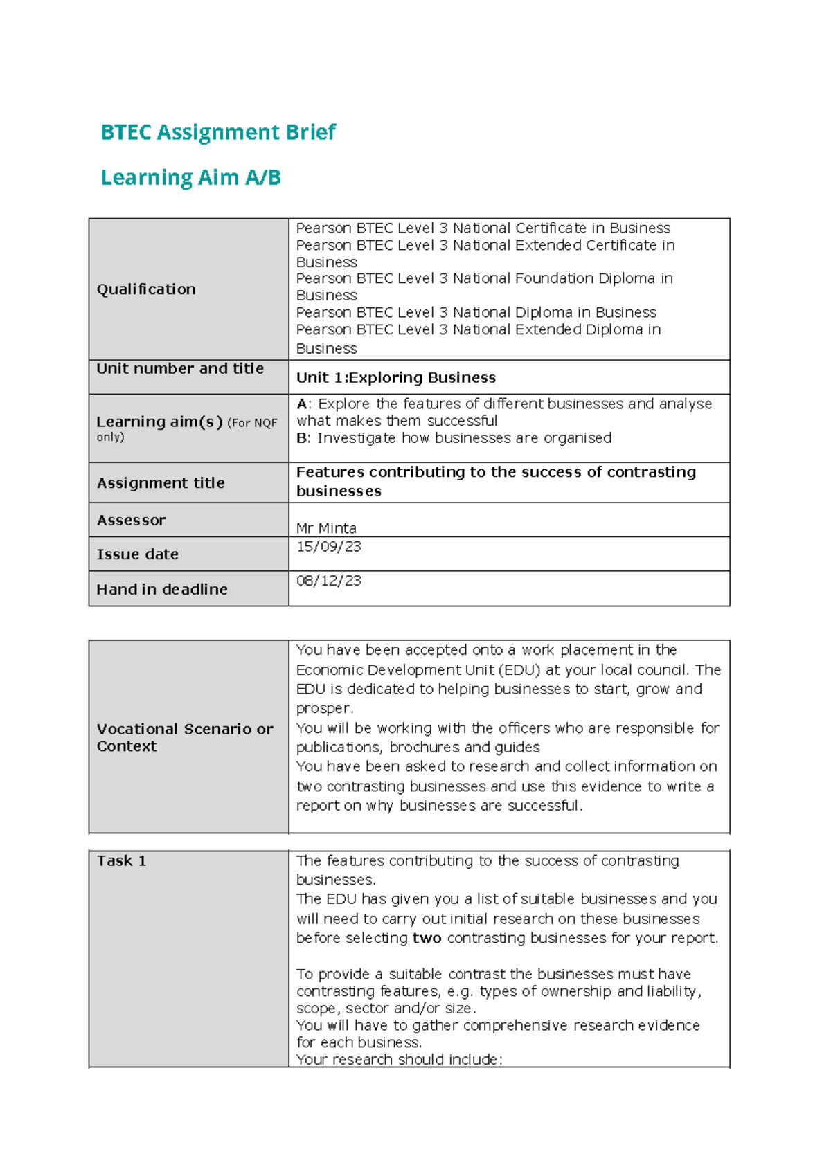 - BTEC Assignment Brief- Unit 1- BTEC Assignment Brief Learning Aim A/B ...