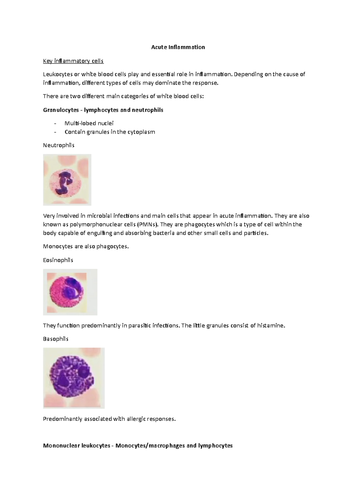 Acute Inflammation - Lecture notes 2 - Acute Inflammation Key ...