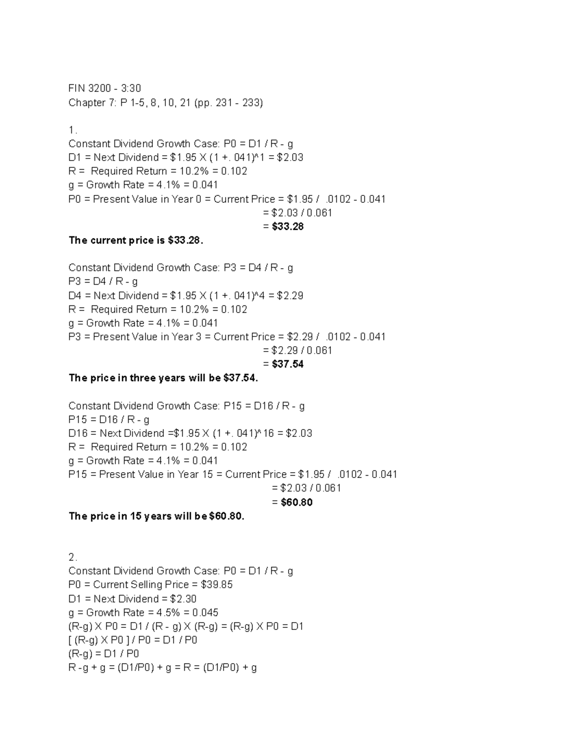 FIN 3200 - Assignment - Chapter 7 P 1-5 8 10 21 P. 231-233 - FIN 3200 ...