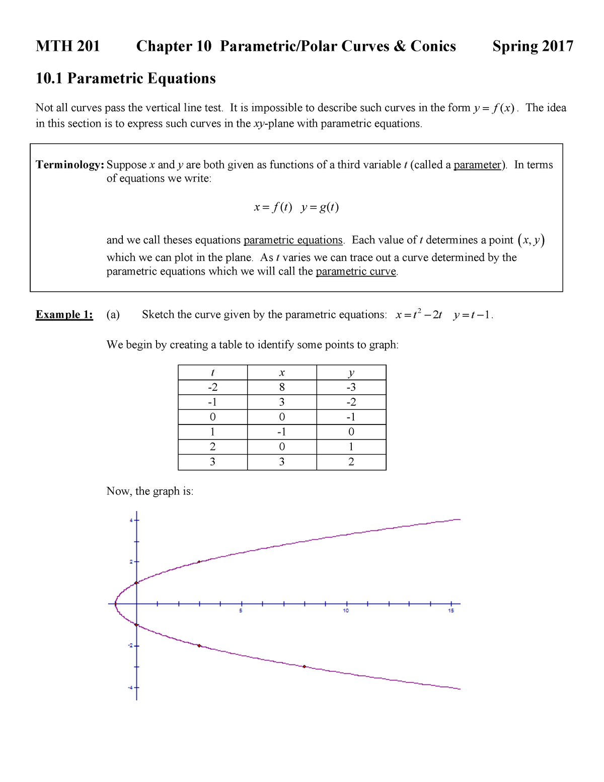 10.1 Parametric Equations Notes - MTH 201 Chapter 10 Parametric/Polar ...