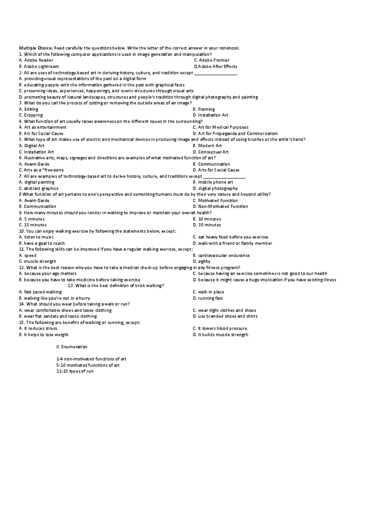ST arts and health 2nd - additional notes - Multiple Choice: Read ...