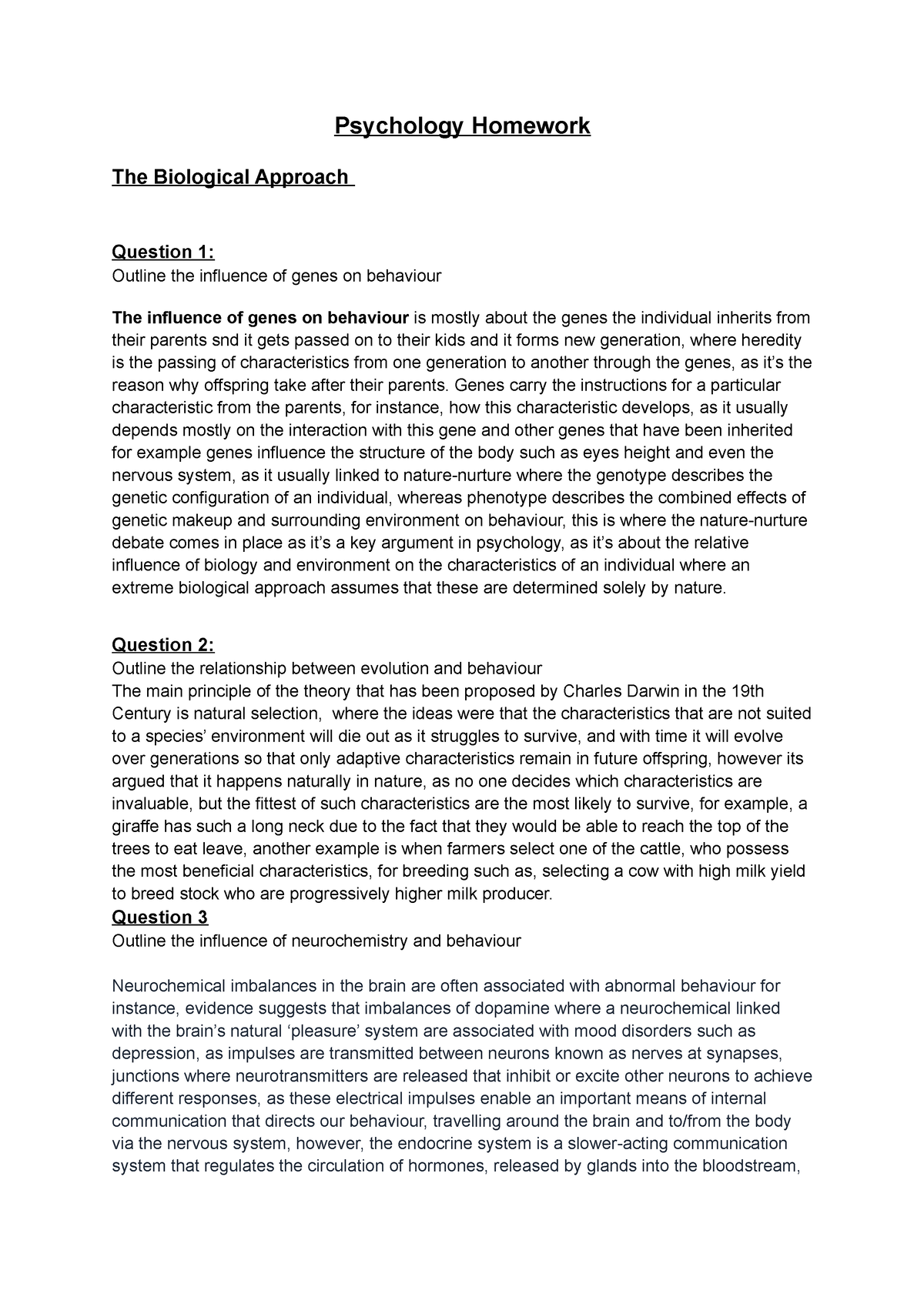 Psychology Homework - The Biological Approach - Psychology Homework The ...