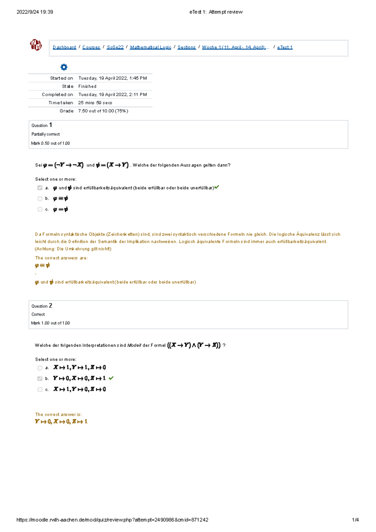 E Test 1 Attempt review E Test Mathematische Logik RWTH Aachen