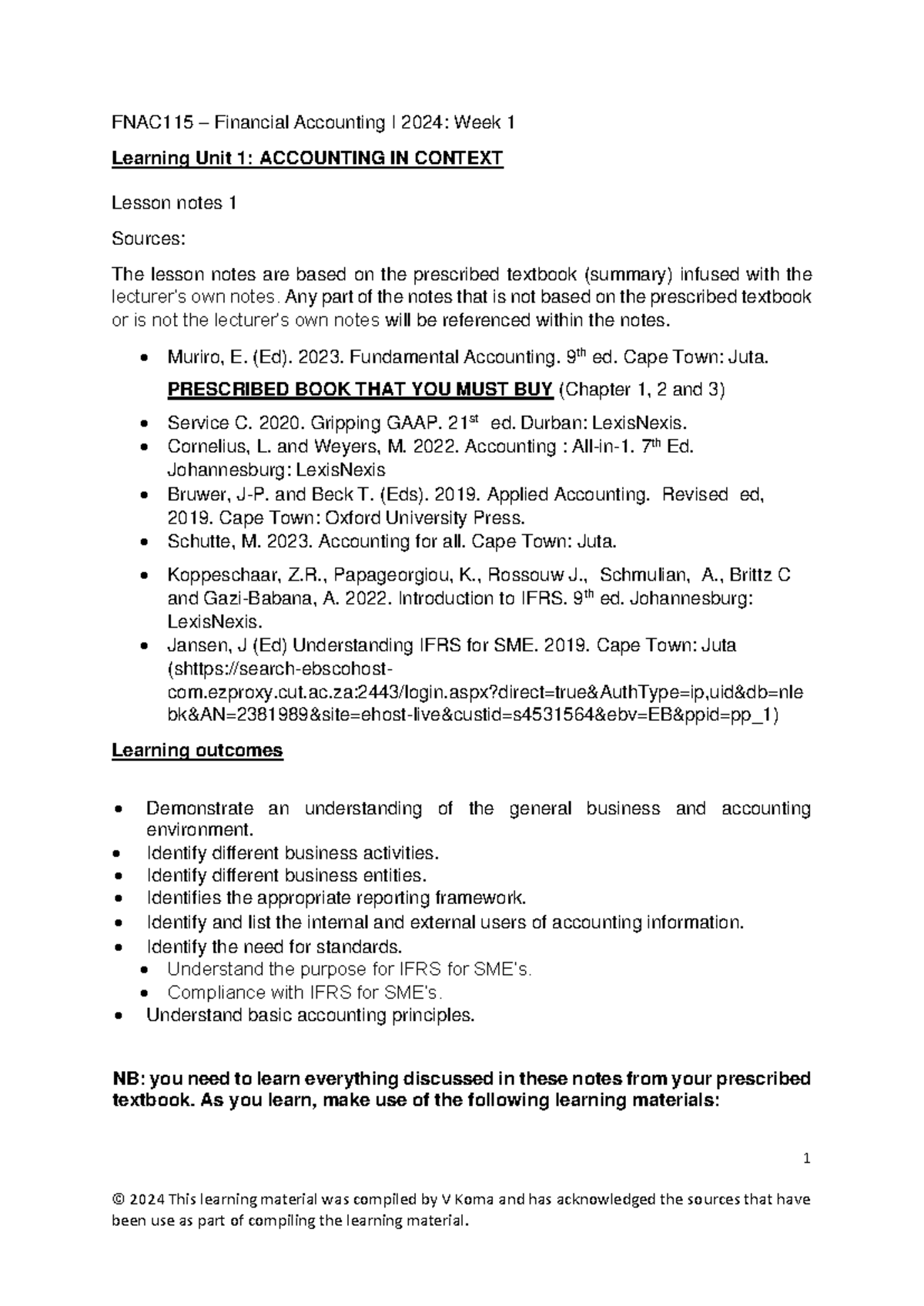 FNAC115 Learning Unit 1 Lesson Notes 1 2024 Student Notes - 1 © 202 4 ...
