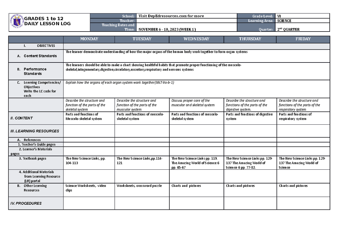 DLL Science 6 Q2 W1 - best paper - GRADES 1 to 12 DAILY LESSON LOG ...