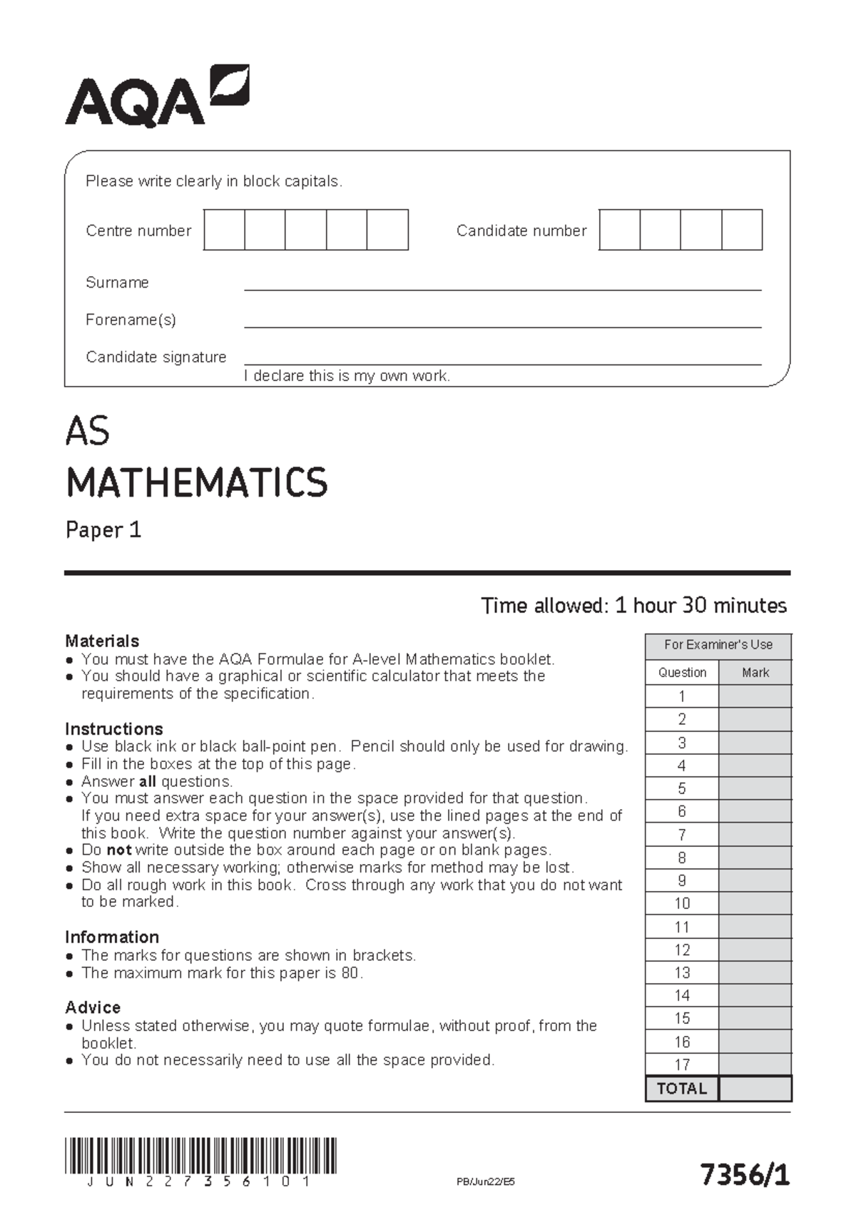 JUNE 2022 PURE AND Mechanics Paper 1 - AQA AS Level Maths - PB/Jun22/E5 ...