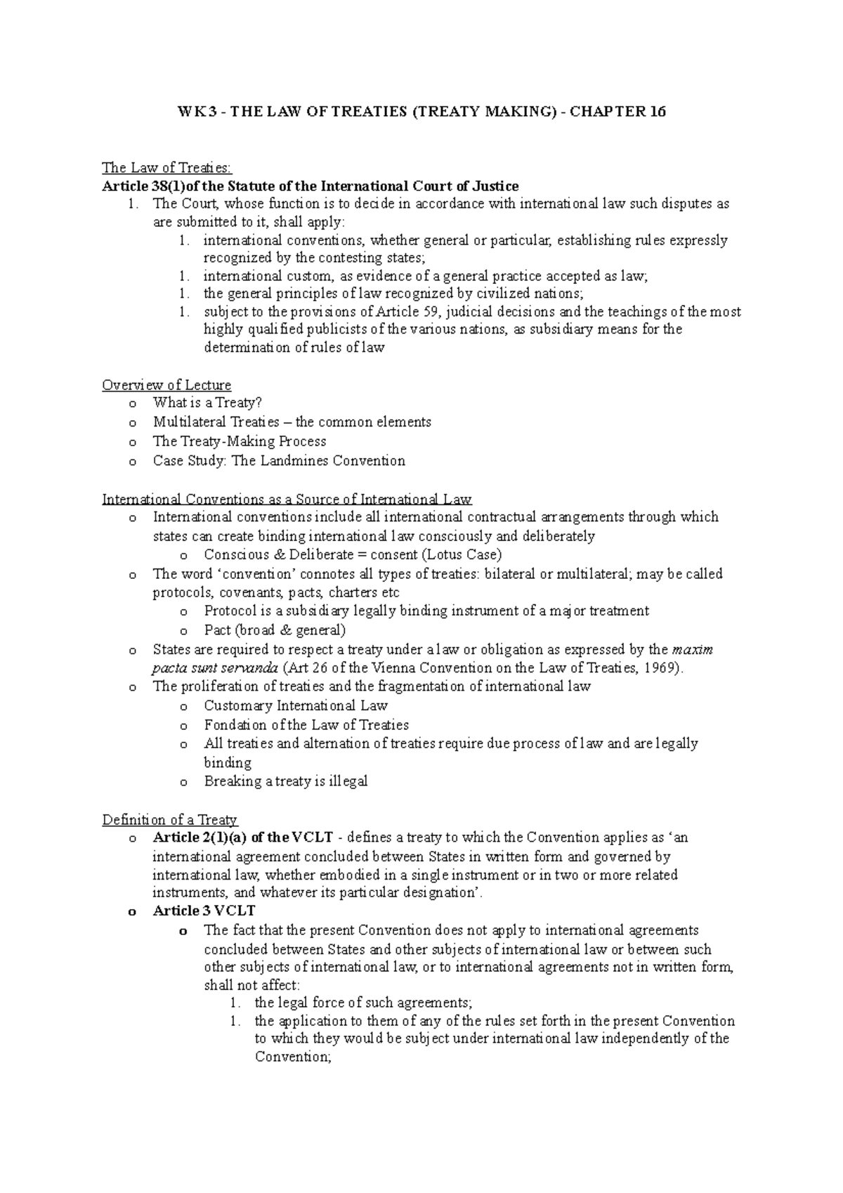 LAWS2000 WEEK 3 & 4 Notes - WK 3 - THE LAW OF TREATIES (TREATY MAKING ...