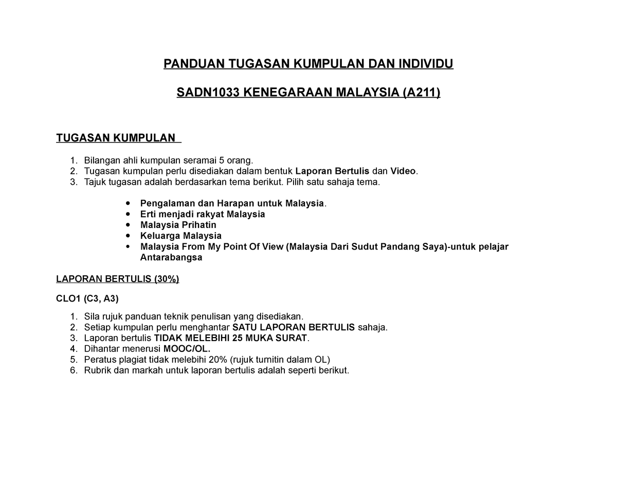 SADN1033 Assignment Guideline A211 - Malaysian Nationhood Studies 