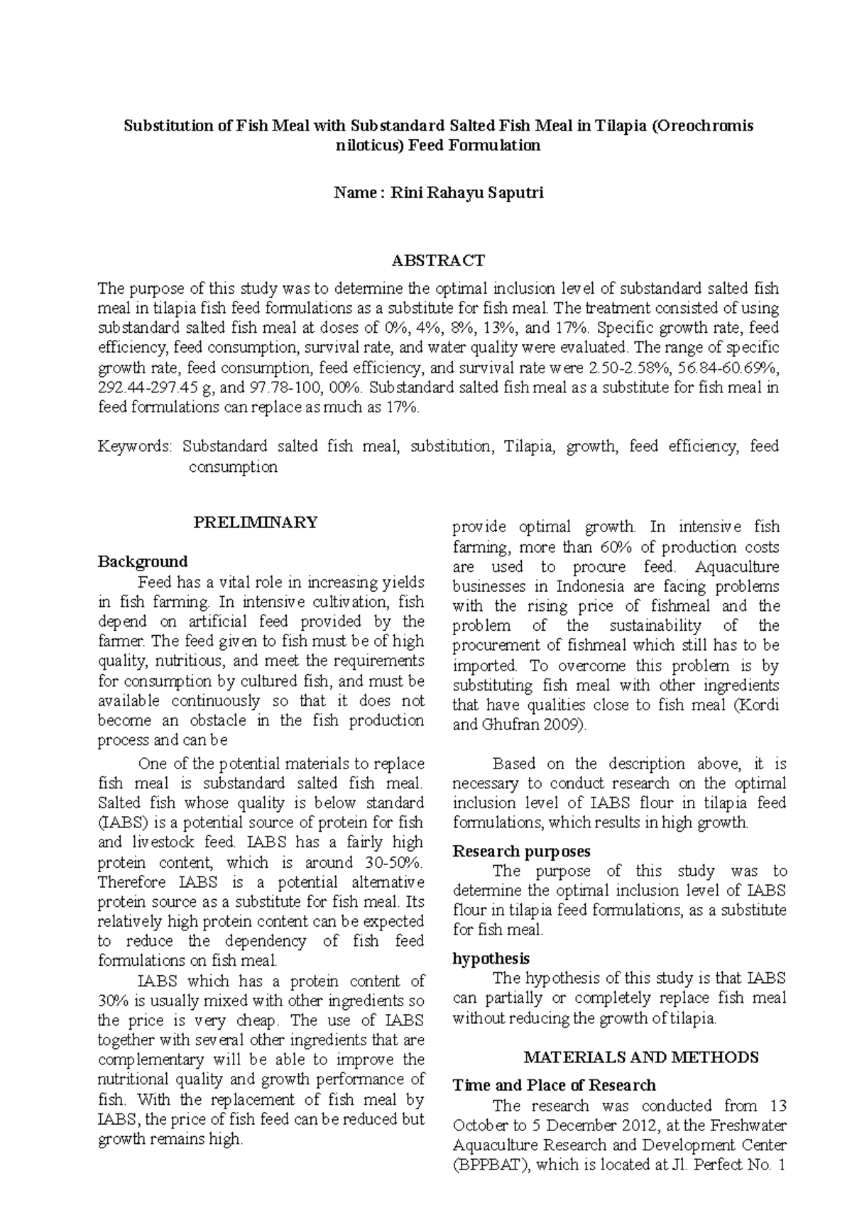 Substitution of Fish Meal with Substandard Salted Fish Meal in Tilapia