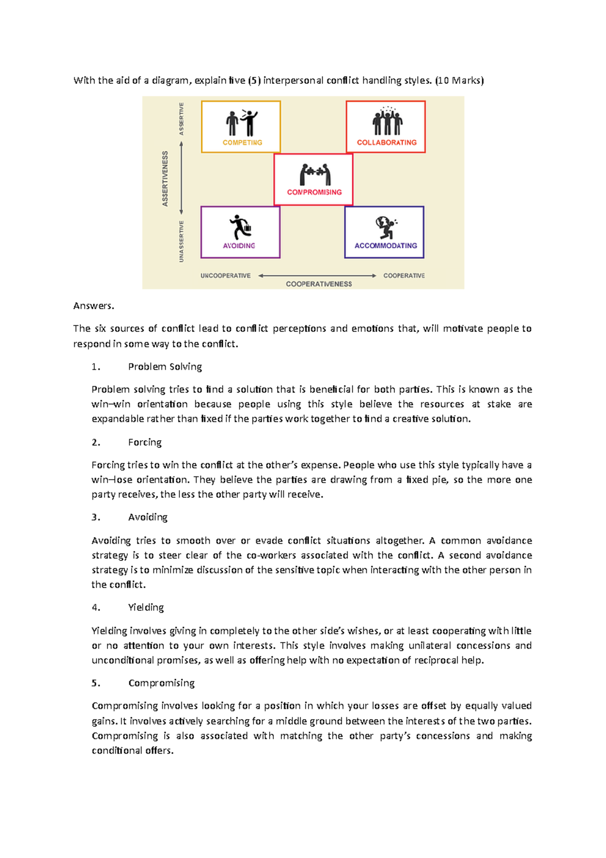 Interpersonal conflict handling styles - (10 Marks) Answers. The six ...