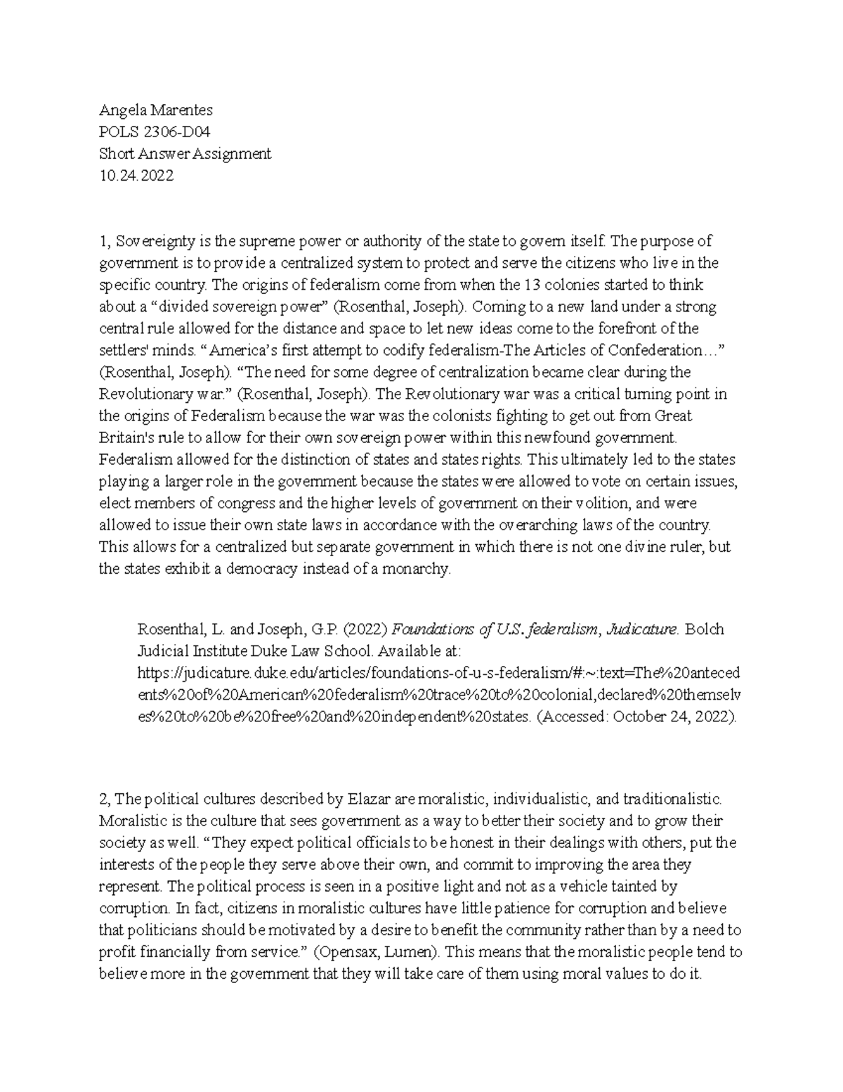 POLS 2306 Short Answer - Angela Marentes POLS 2306-D Short Answer ...