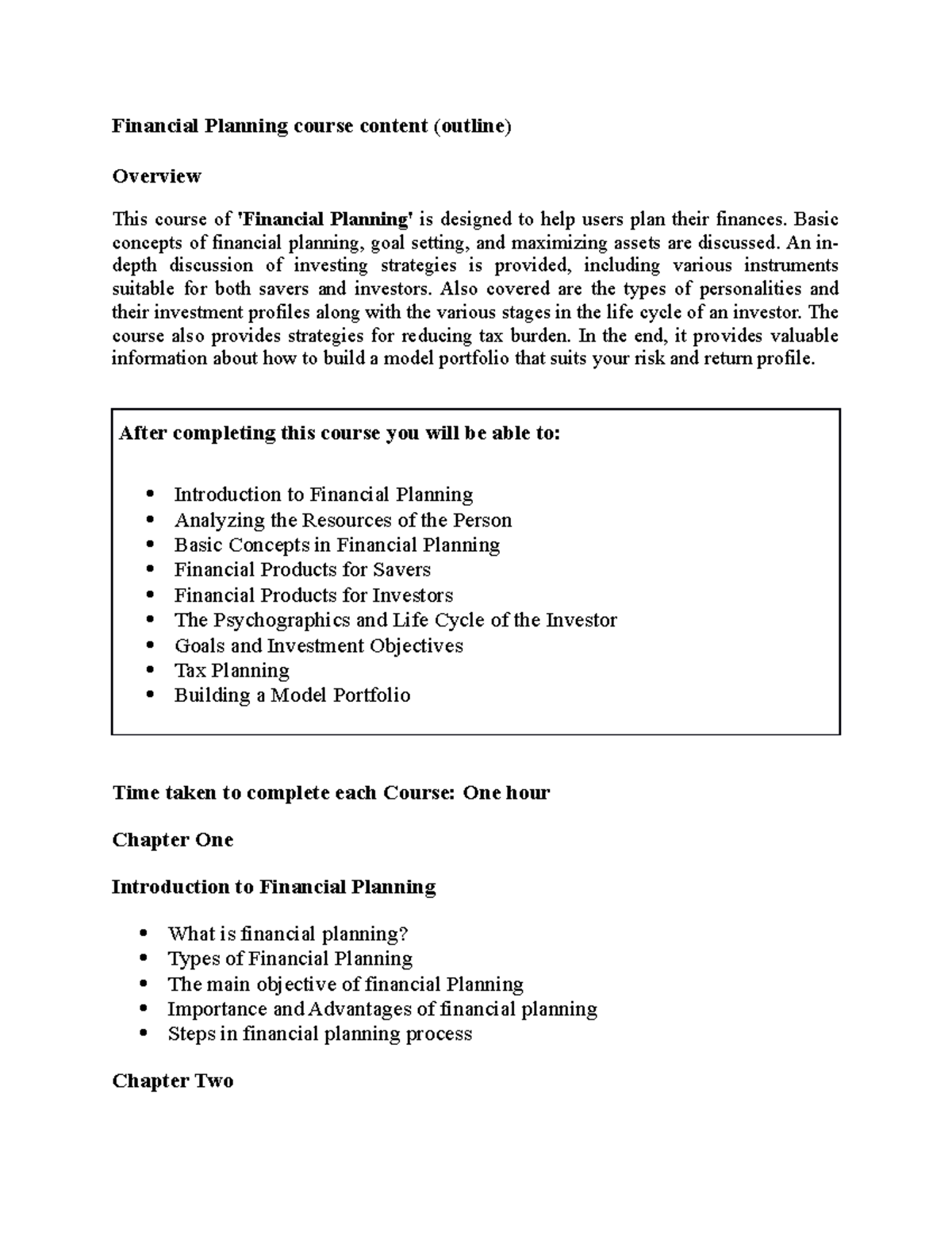 Financial Planning course content Basic concepts of financial