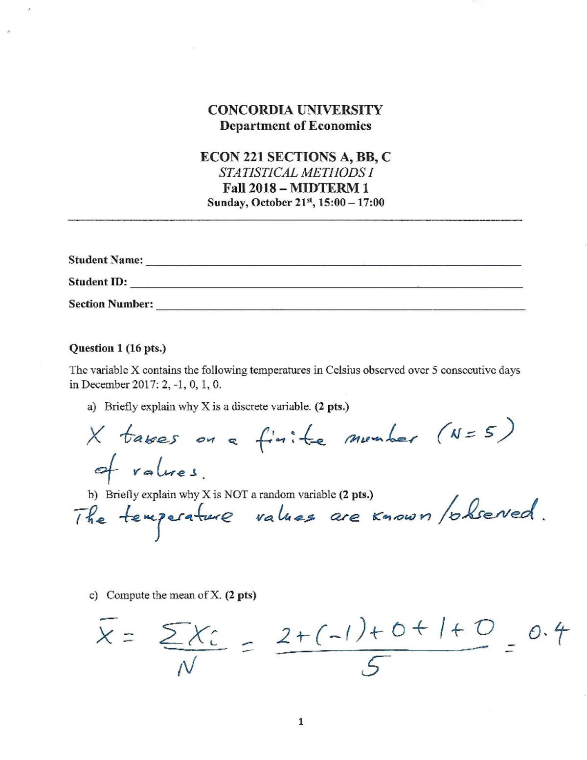 Midterm exam 17 October 2018, questions and answers - CONCORDIA ...
