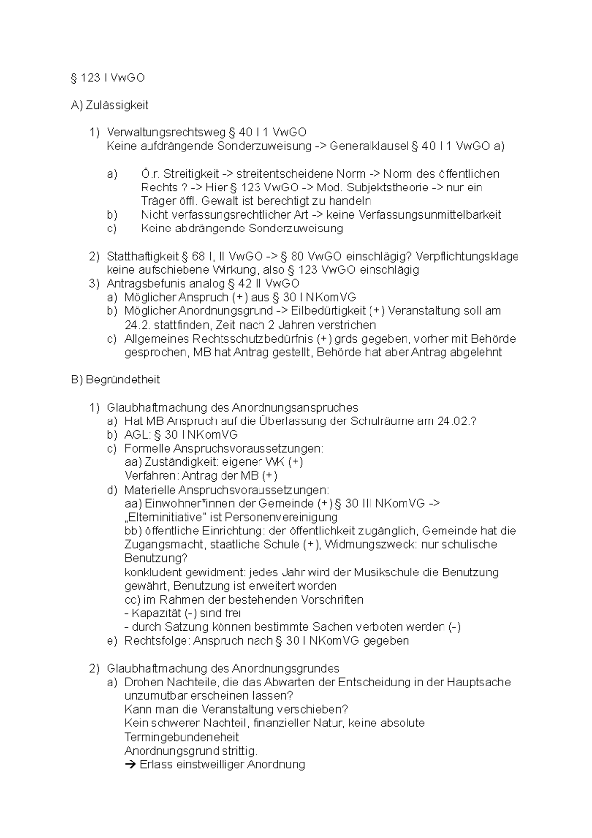 Fall+Lösung Widerspruch - § 123 I VwGO A) Zulässigkeit ...