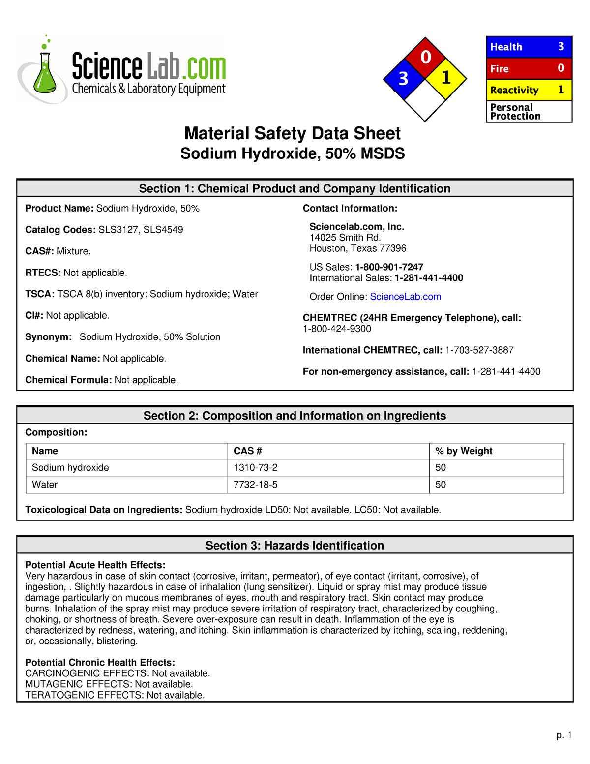 Sodium hydroxide - 1234 - Material Safety Data Sheet Sodium Hydroxide