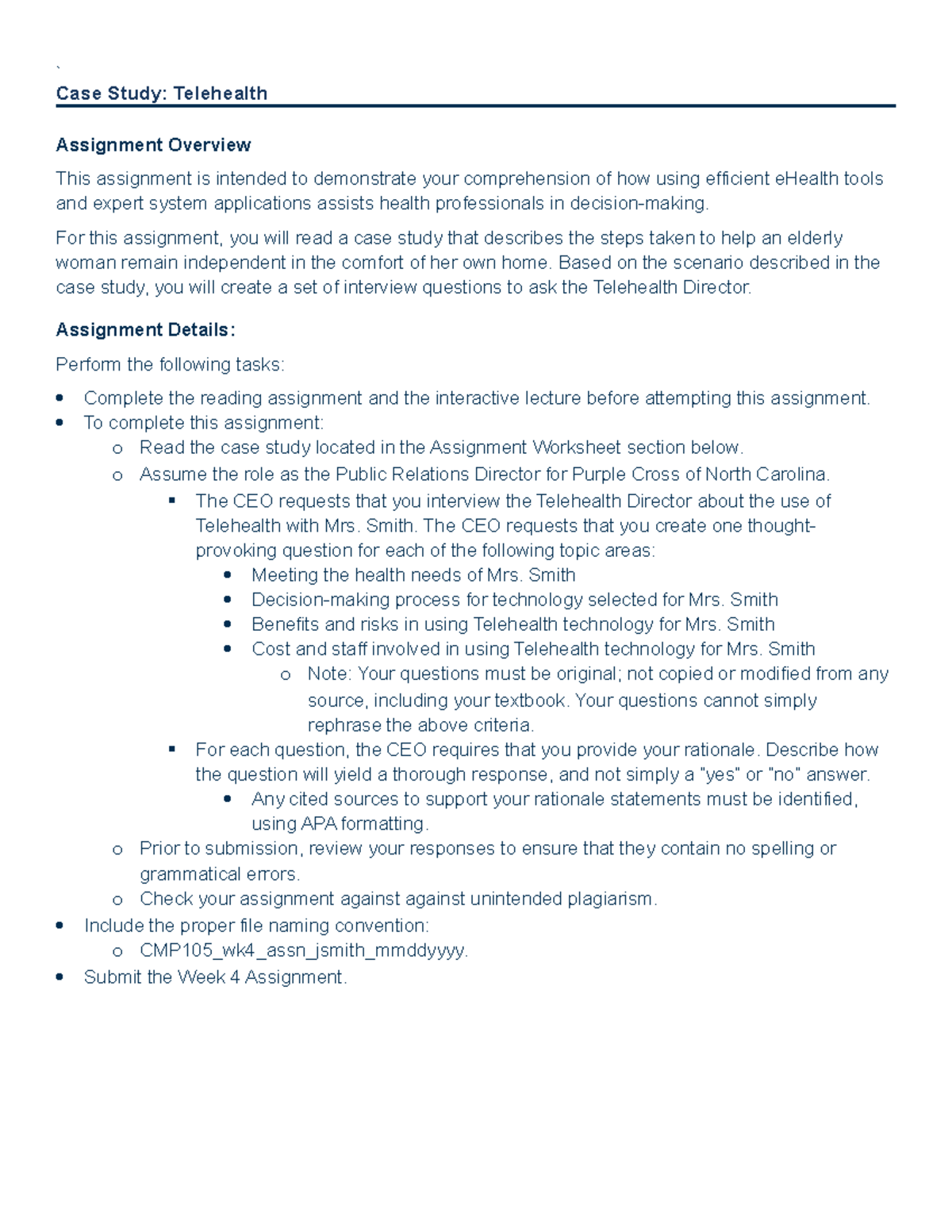 week 4 assignment case study telehealth