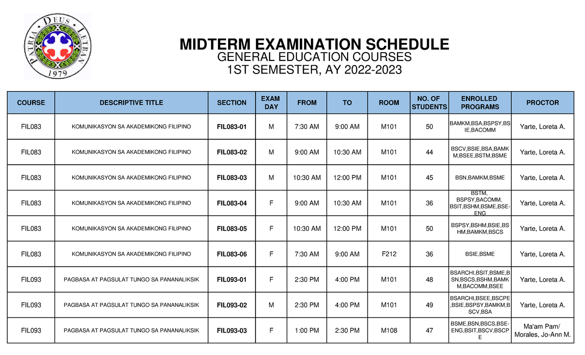 Midterm EXAM Schedule Gened AND Reled signed COURSE DESCRIPTIVE TITLE