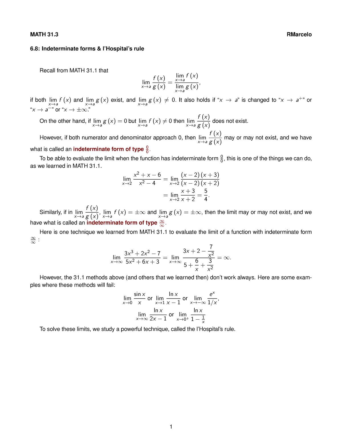 6.8 Indeterminate Forms and l'Hopitals - MATH 31 RMarcelo 6 ...