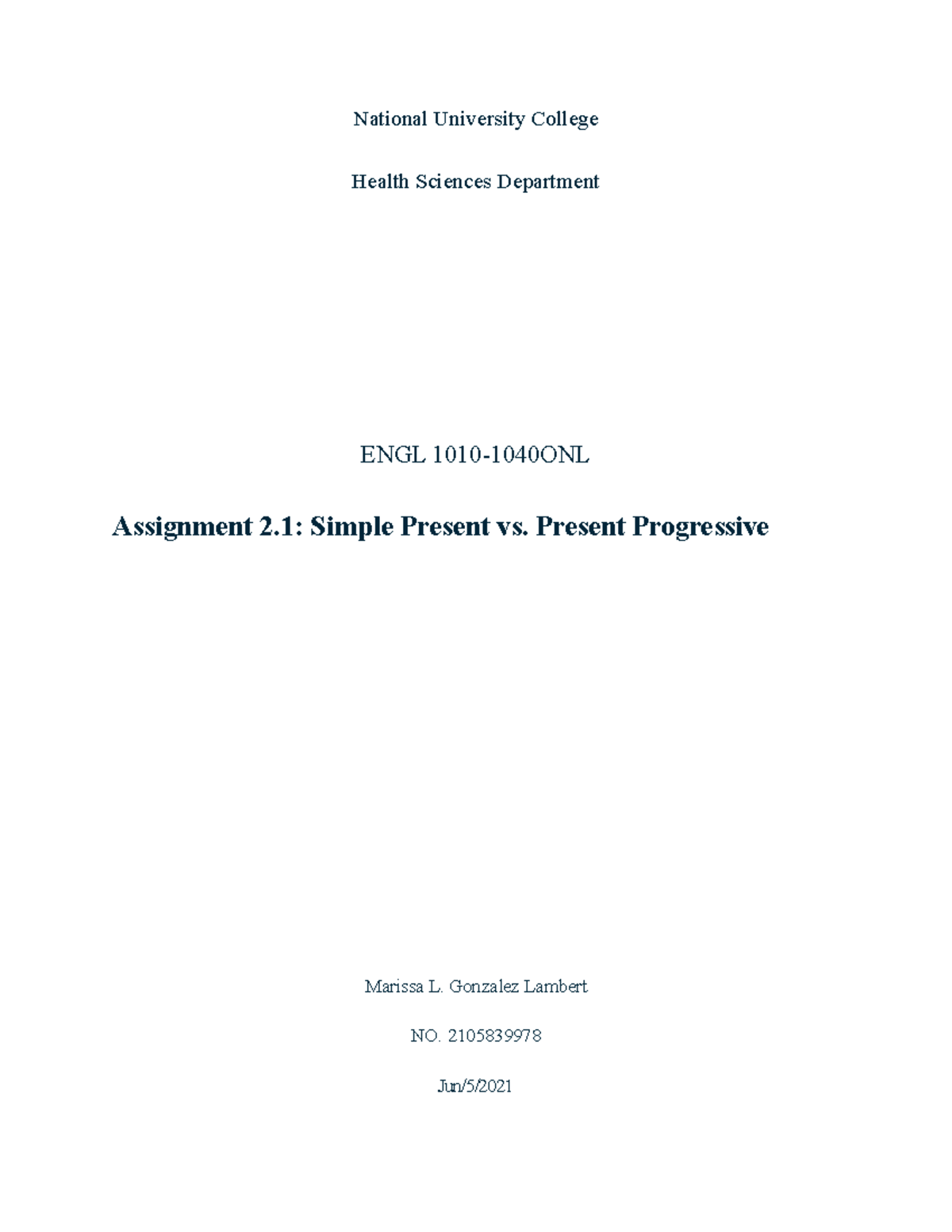 ENGL 1010 2 2.1 National University College Health Sciences