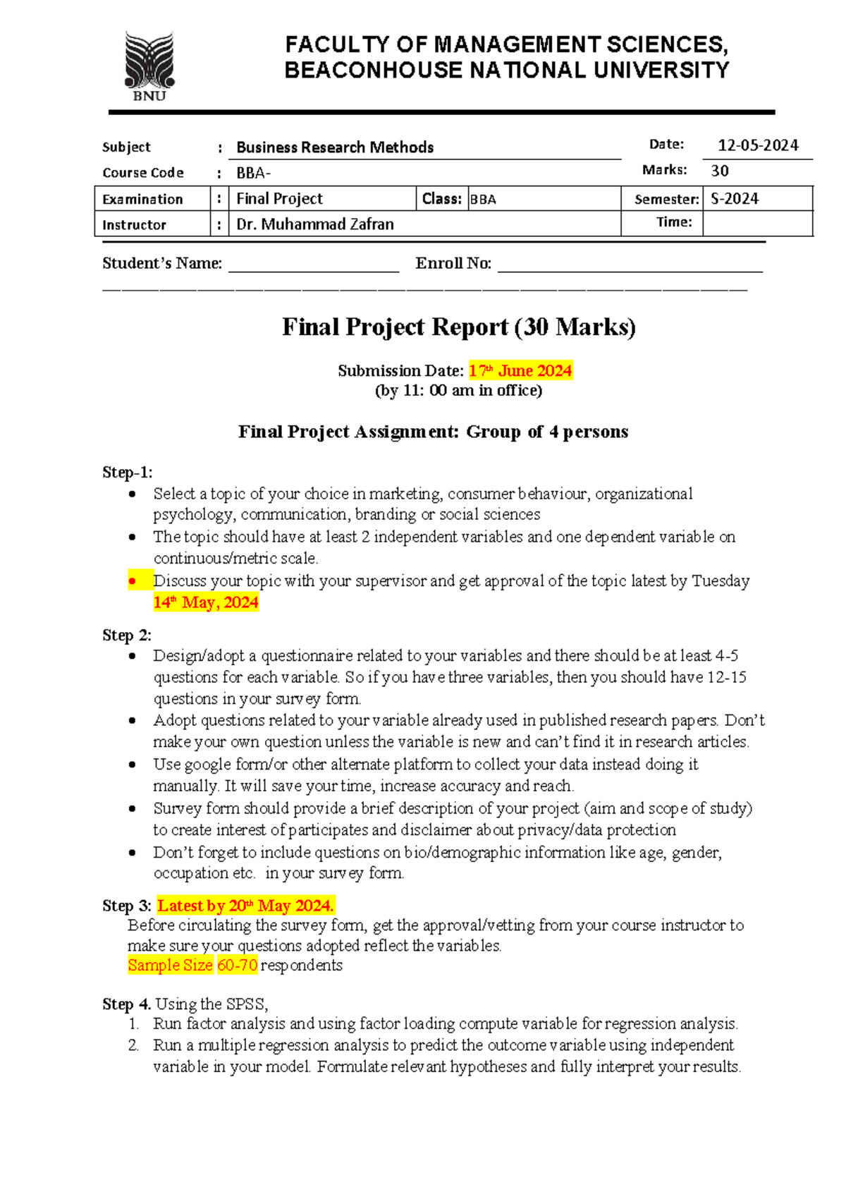 Final Project BRM - BEACONHOUSE NATIONAL UNIVERSITY Subject : Business ...