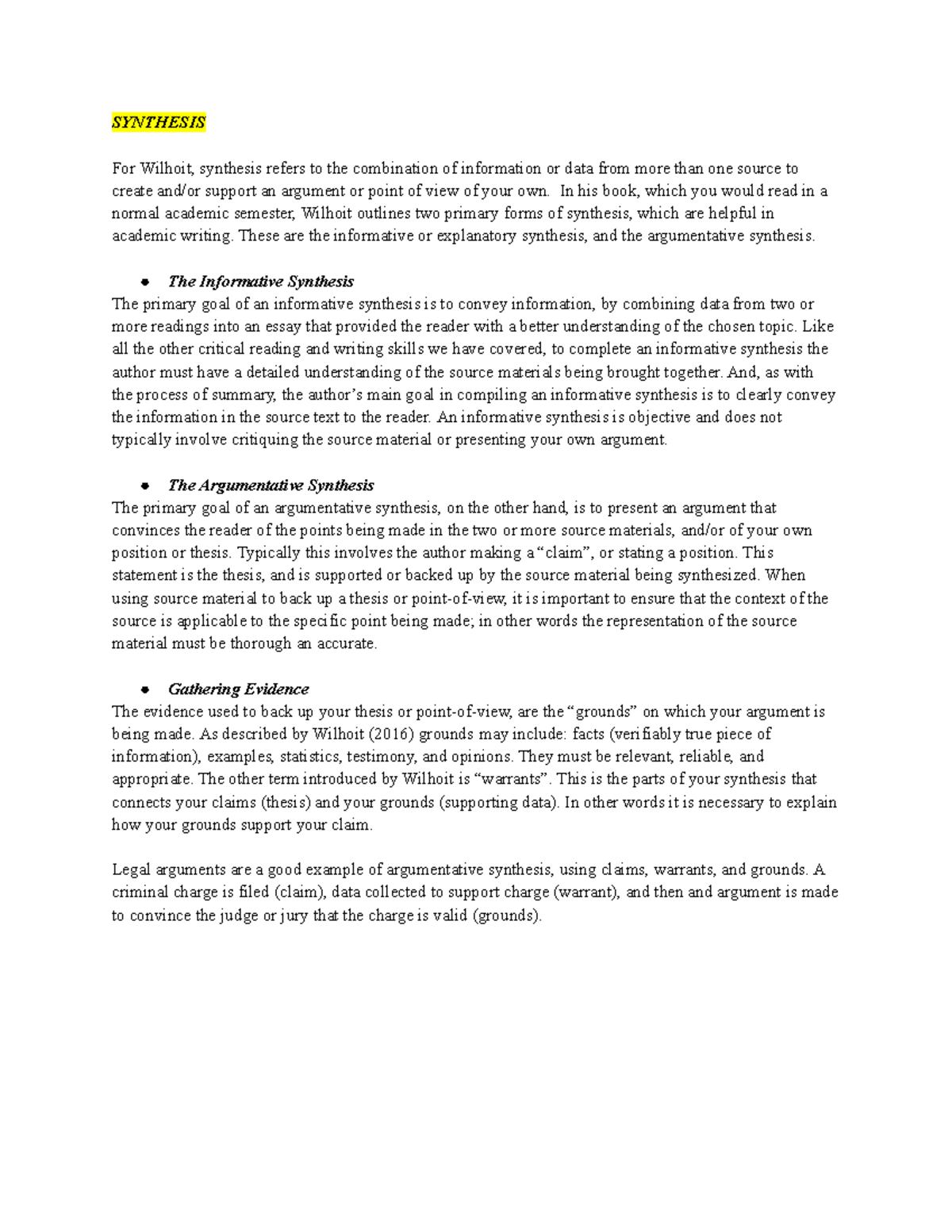 Synthesis- Arch 1005 - Synthesis For Wilhoit, Synthesis Refers To The 