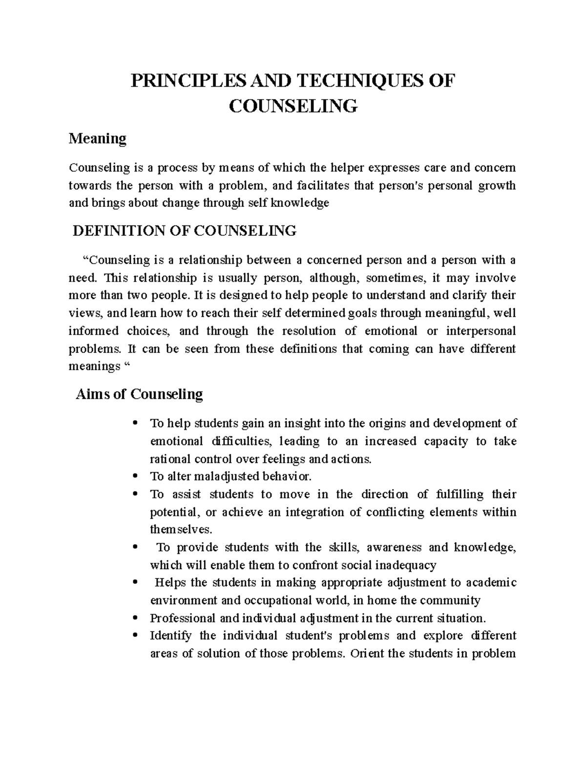 Principles And Techniques Of Counseling Principles And Techniques Of